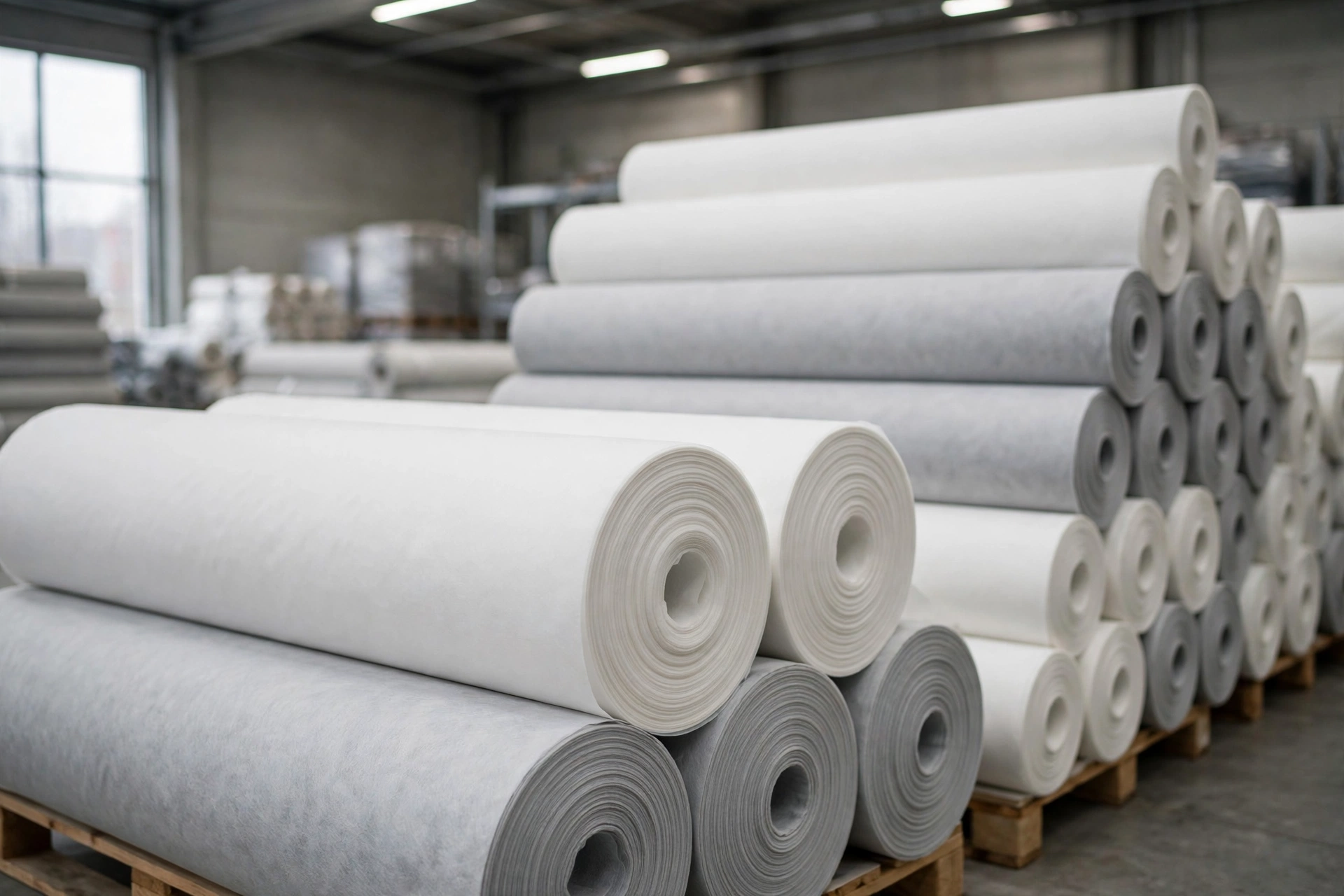 Non-woven fabric rolls in a warehouse